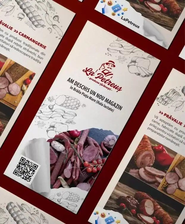 Design materiale promoționale La Petreuș – afiș de deschidere magazin, branding local autentic creat de AdQuest.